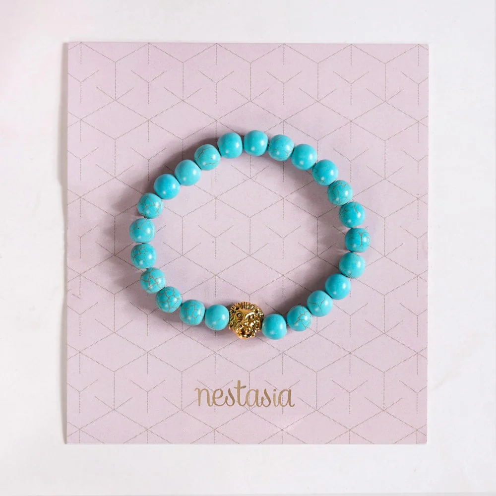 Turquoise Stone Bracelet With Lion Head Charm - Image 2