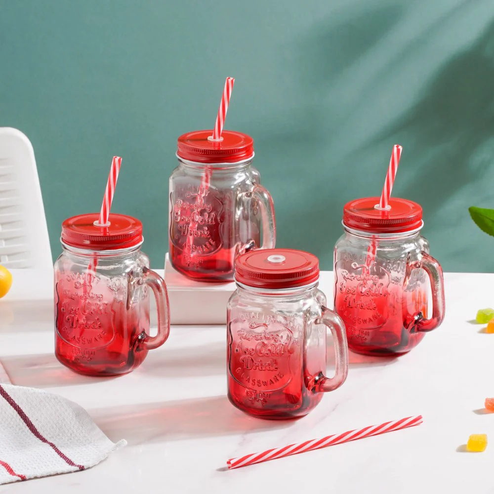 Tutti Frutti Glass Smoothie Jar Red with Lid and Straw Set of 4 - Image 12