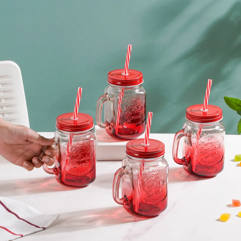 Tutti Frutti Glass Smoothie Jar Red with Lid and Straw Set of 4 - Image 2