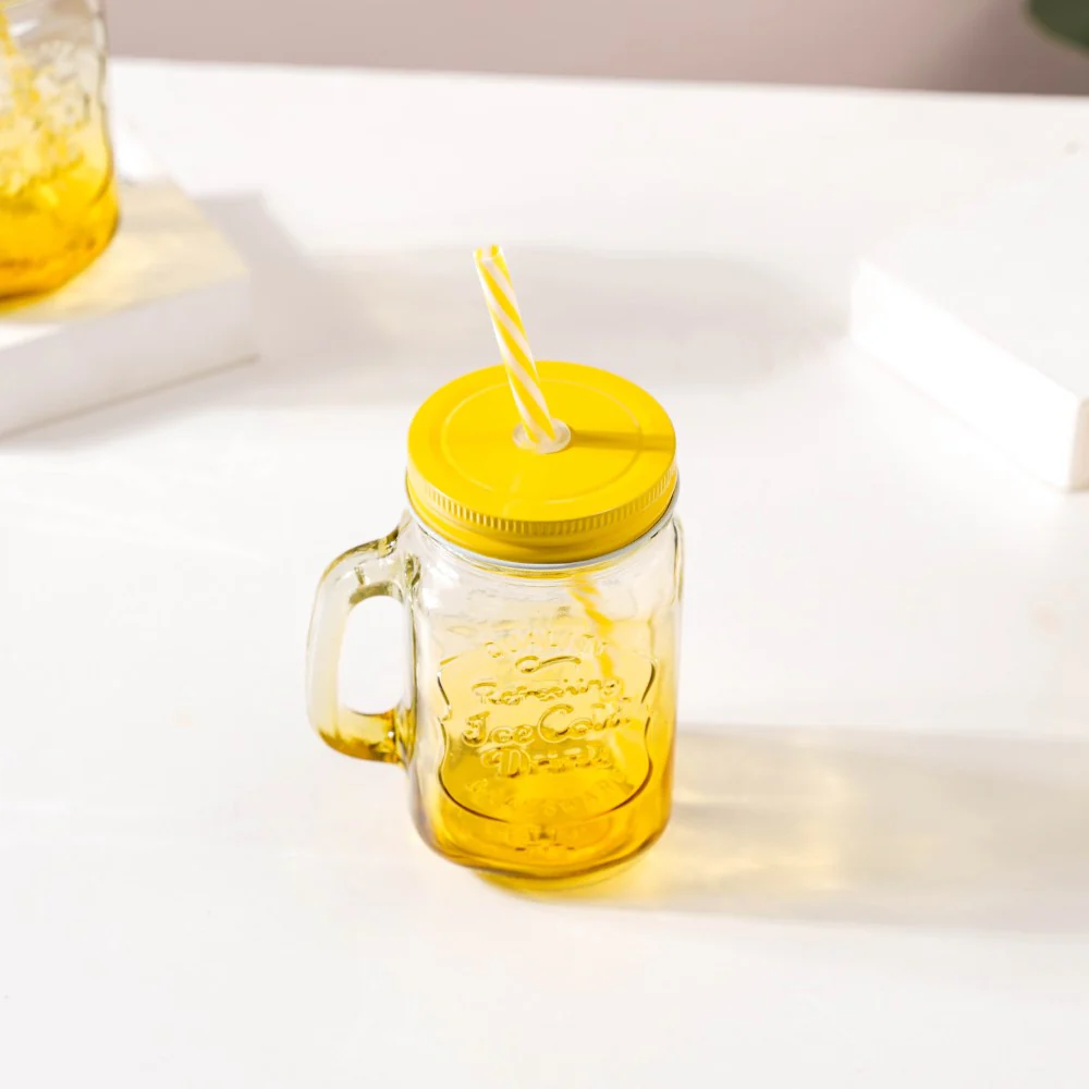 Tutti Frutti Glass Jar Yellow with Lid and Straw Set of 4 - Image 10