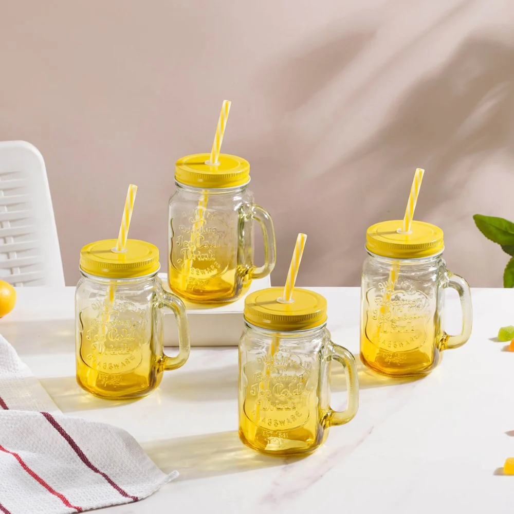 Tutti Frutti Glass Jar Yellow with Lid and Straw Set of 4 - Image 12
