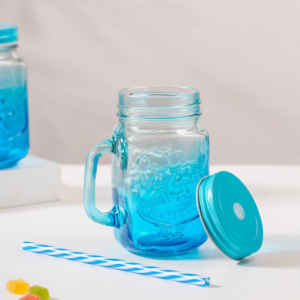 Tutti Frutti Set of 4 Glass Mug Blue with Lid and Straw 400ml - Image 3