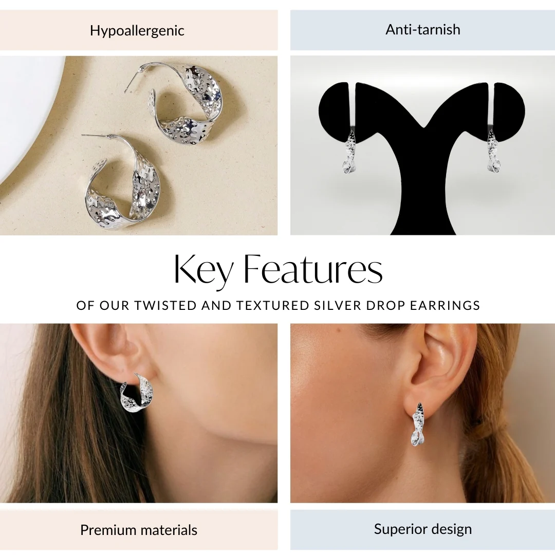 Twisted And Textured Silver Drop Earrings - Image 4