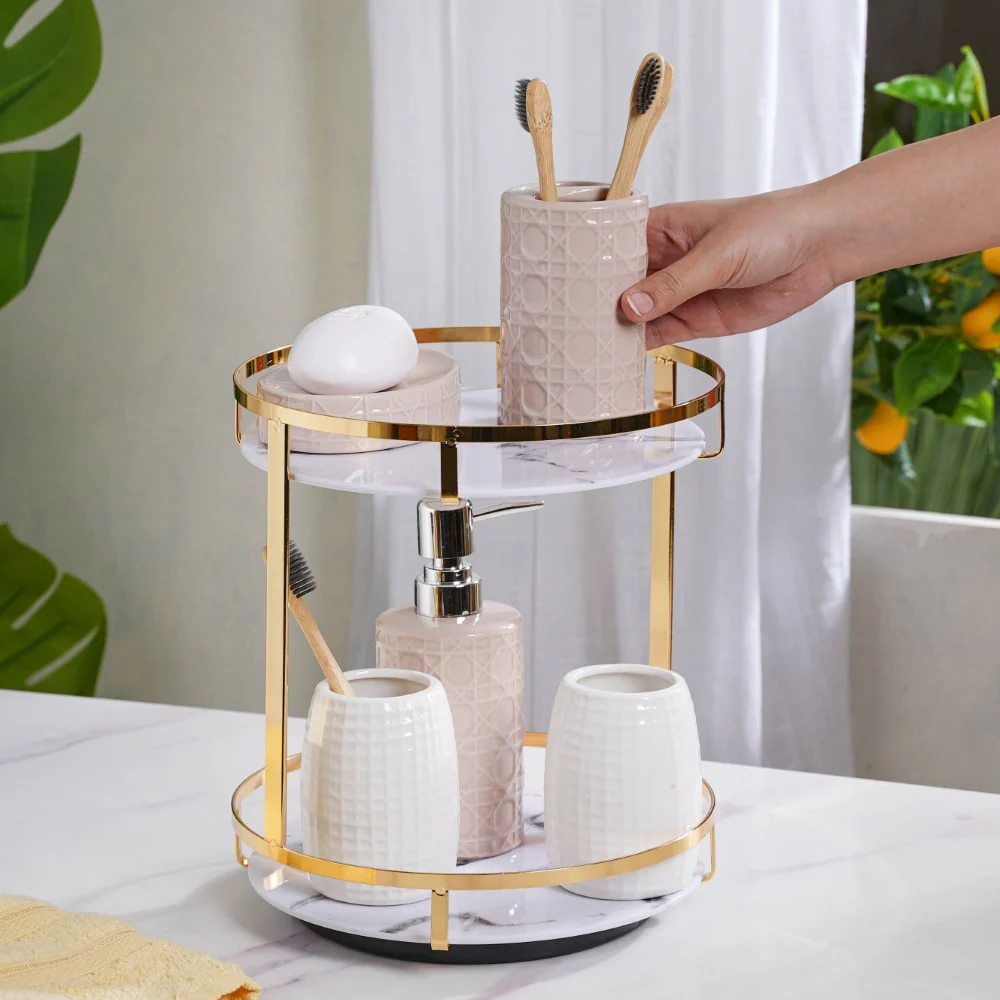 Two Tier Rotating Marble Storage Rack Gold - Image 3