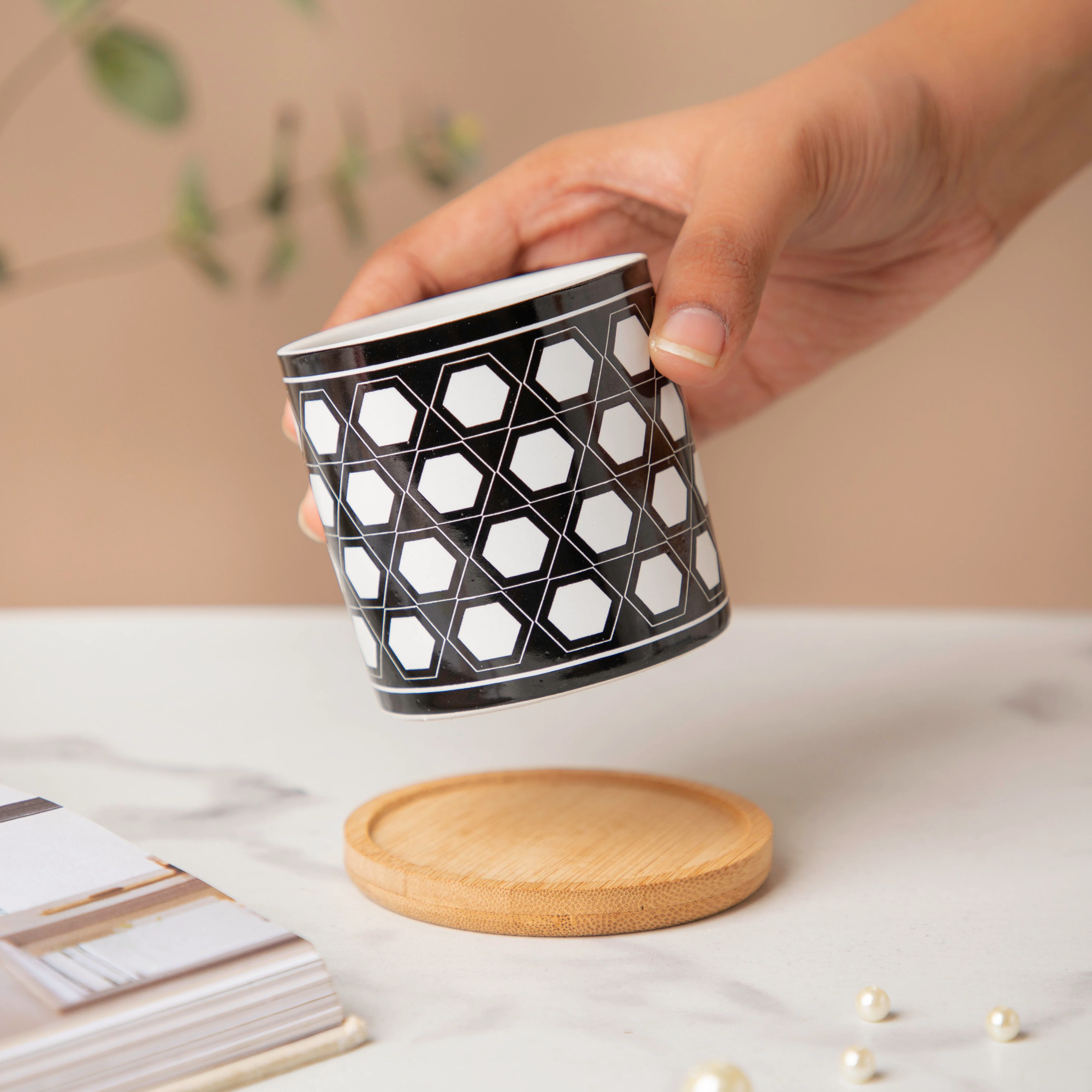 Twyla Hive Black White Planter With Wooden Coaster - Image 2