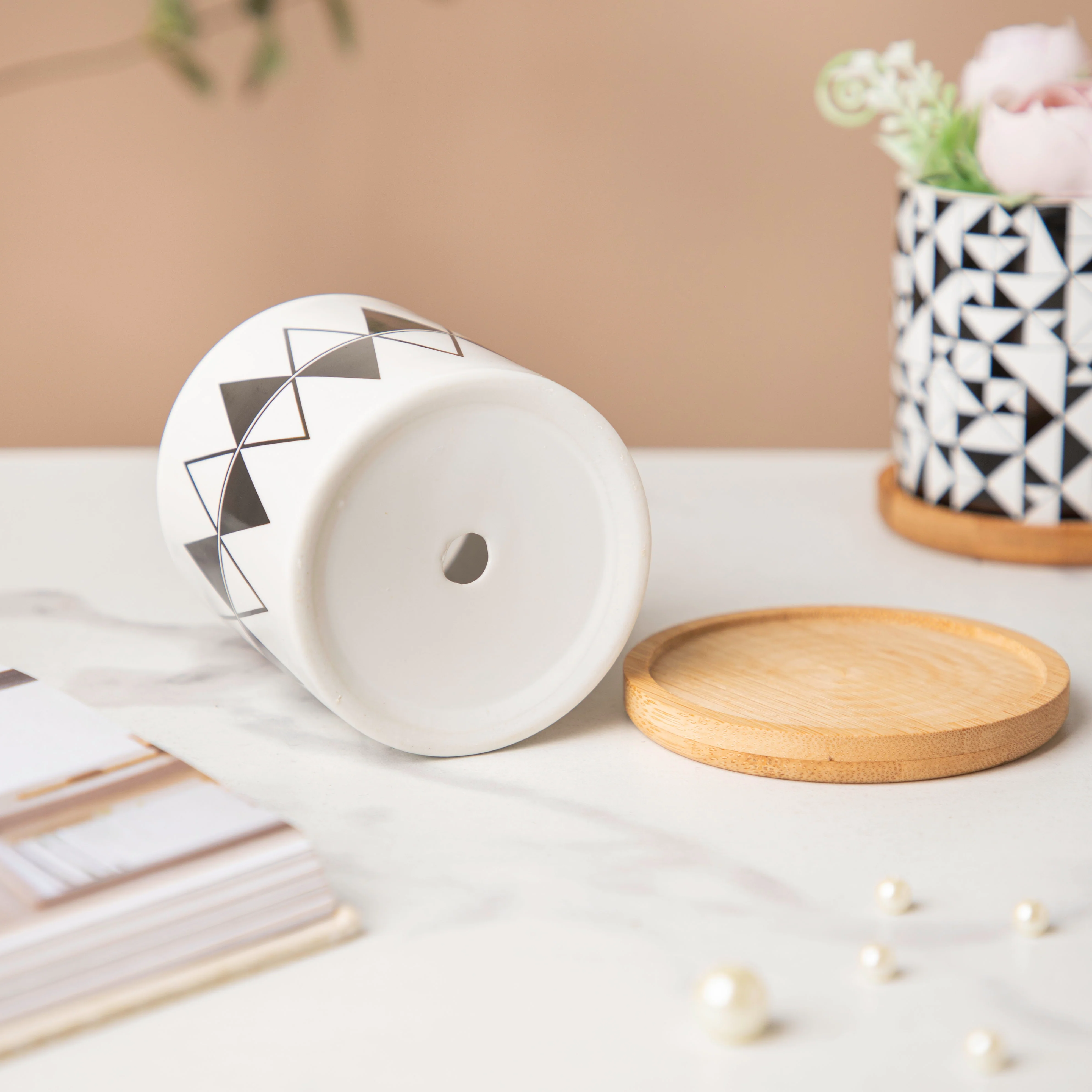 Twyla Triangle Black White Planter With Wooden Coaster - Image 3