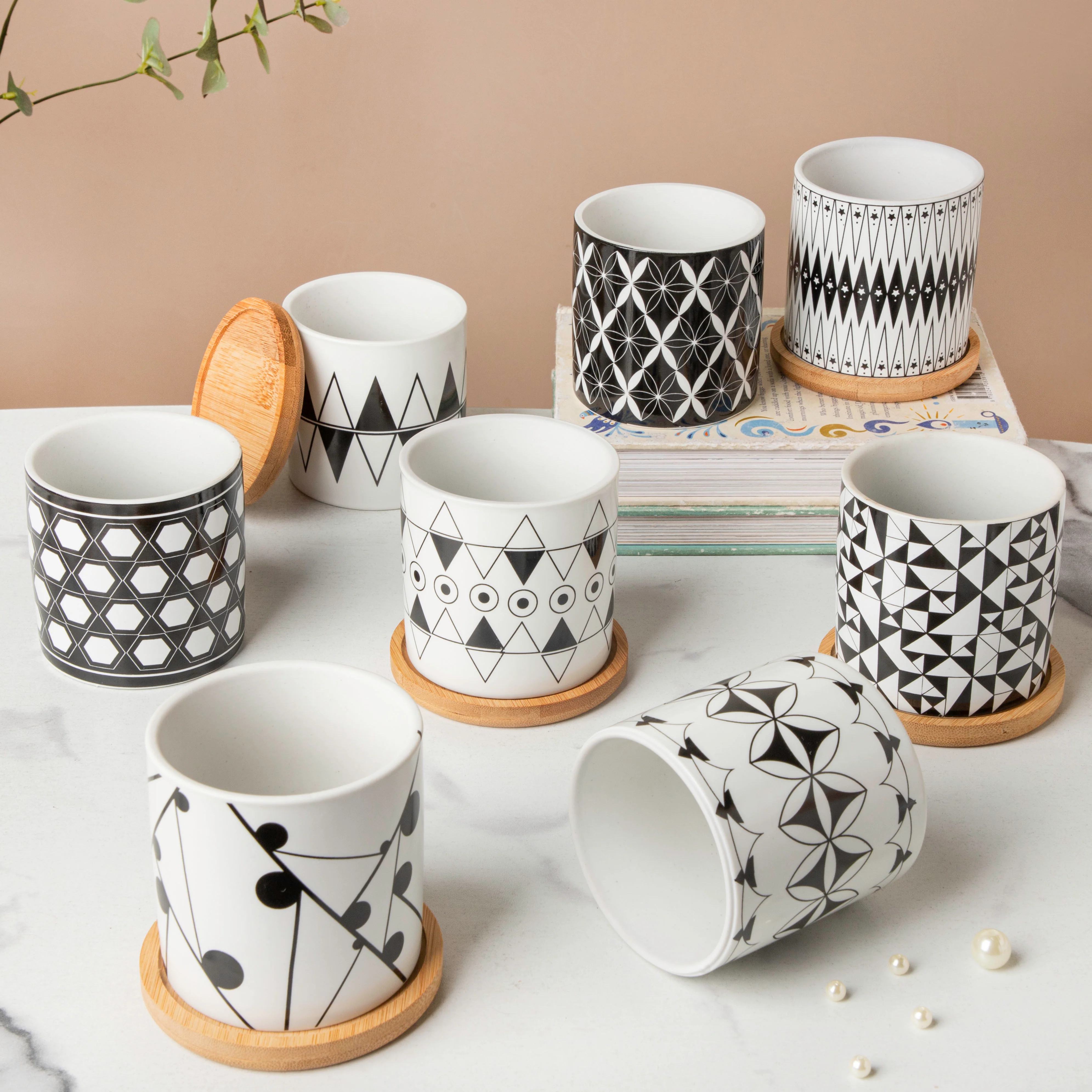 Twyla Triangle Black White Planter With Wooden Coaster - Image 6
