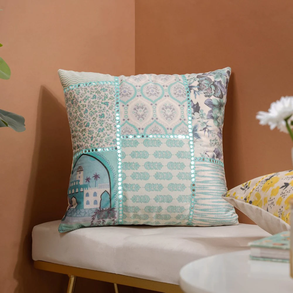Valencia Turquoise Velvet Patchwork Cushion Cover 16 x 16 Inch