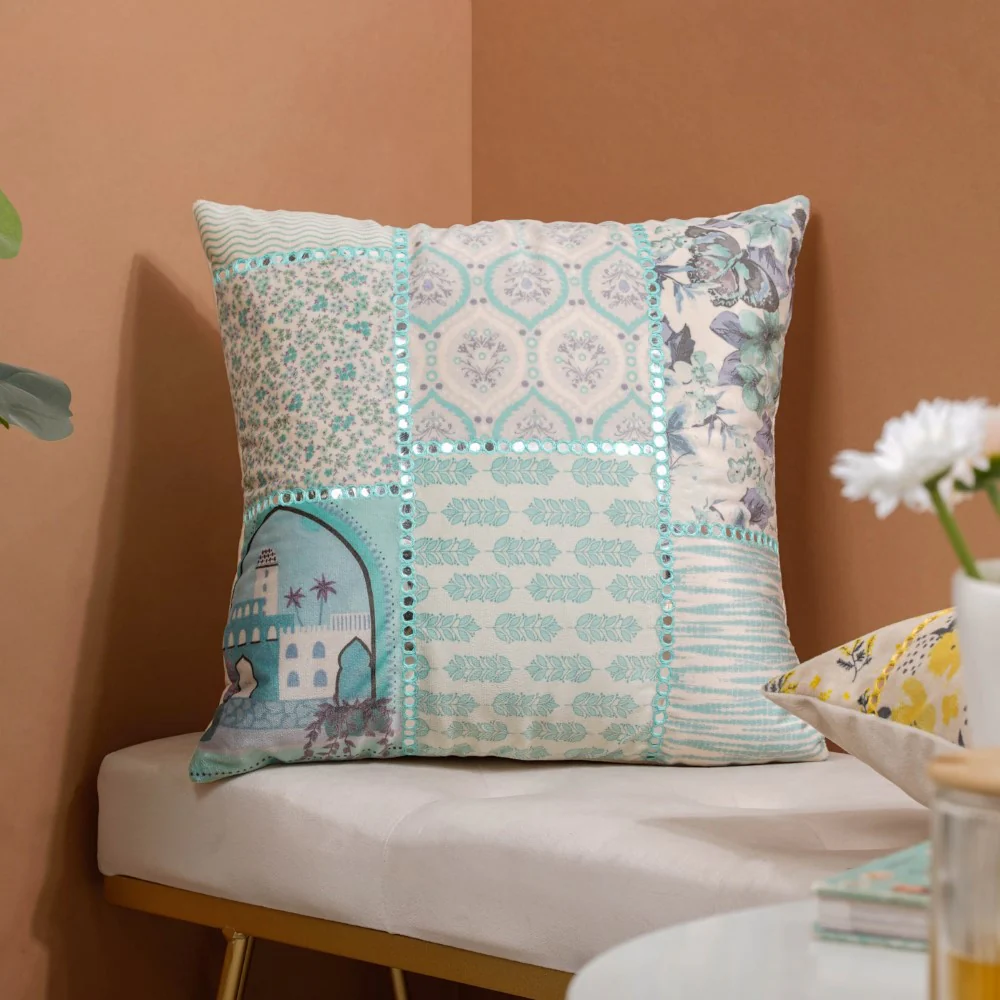 Valencia Turquoise Velvet Patchwork Cushion Cover 16 x 16 Inch - Image 2