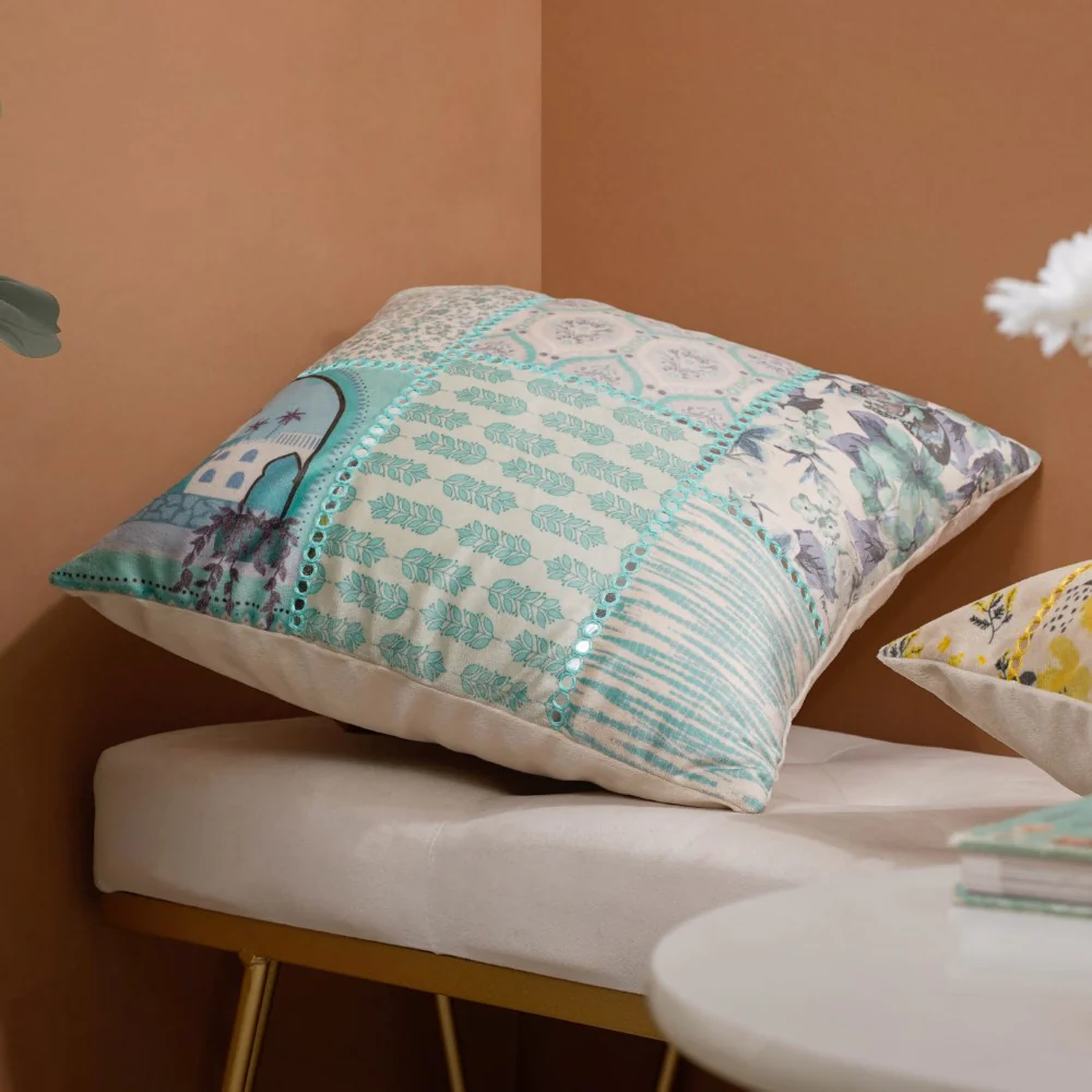 Valencia Turquoise Velvet Patchwork Cushion Cover 16 x 16 Inch - Image 3