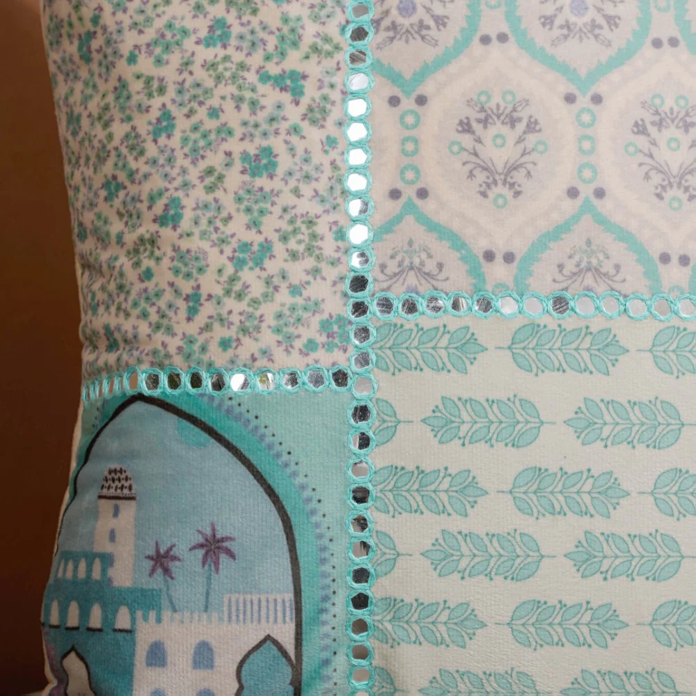 Valencia Turquoise Velvet Patchwork Cushion Cover 16 x 16 Inch - Image 7