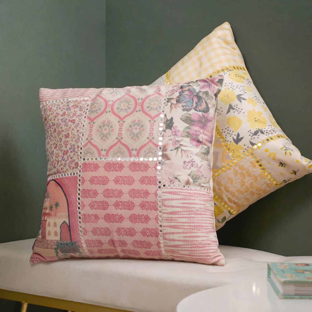 Valencia Velvet Cushion Cover With Mirrorwork Pink 16 x 16 Inch - Image 8