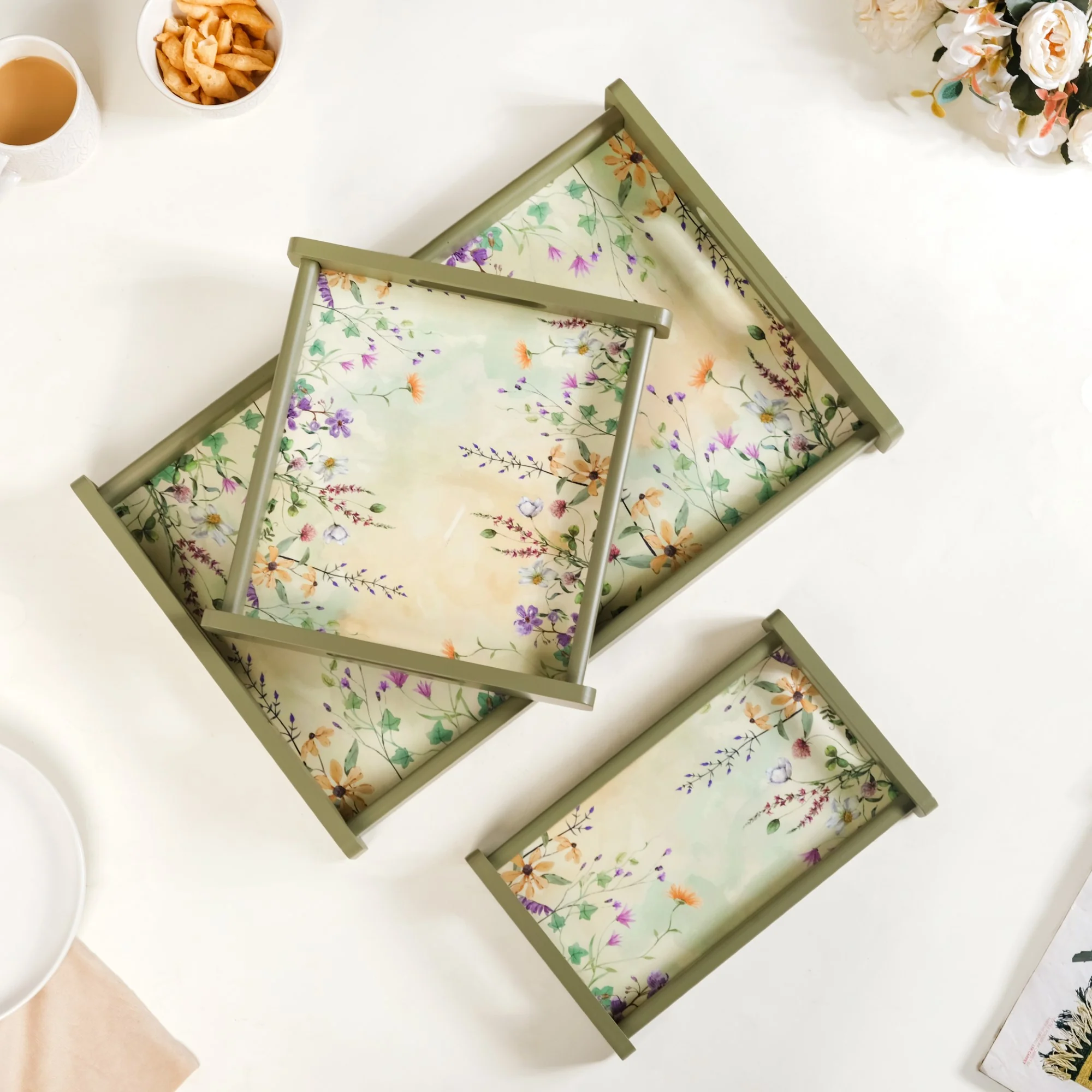 Valley Of Flowers Wooden Serving Tray Set Of 3 - Image 6