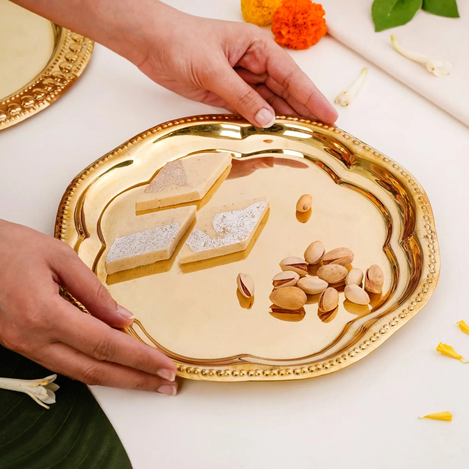 Veda Pure Brass Floral Tray For Festive Decor 24cm - Image 2