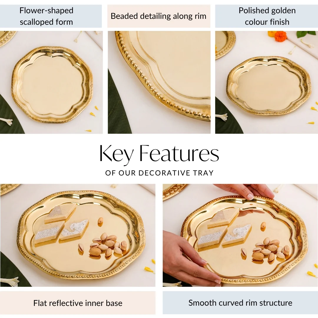 Veda Pure Brass Floral Tray For Festive Decor 24cm - Image 4