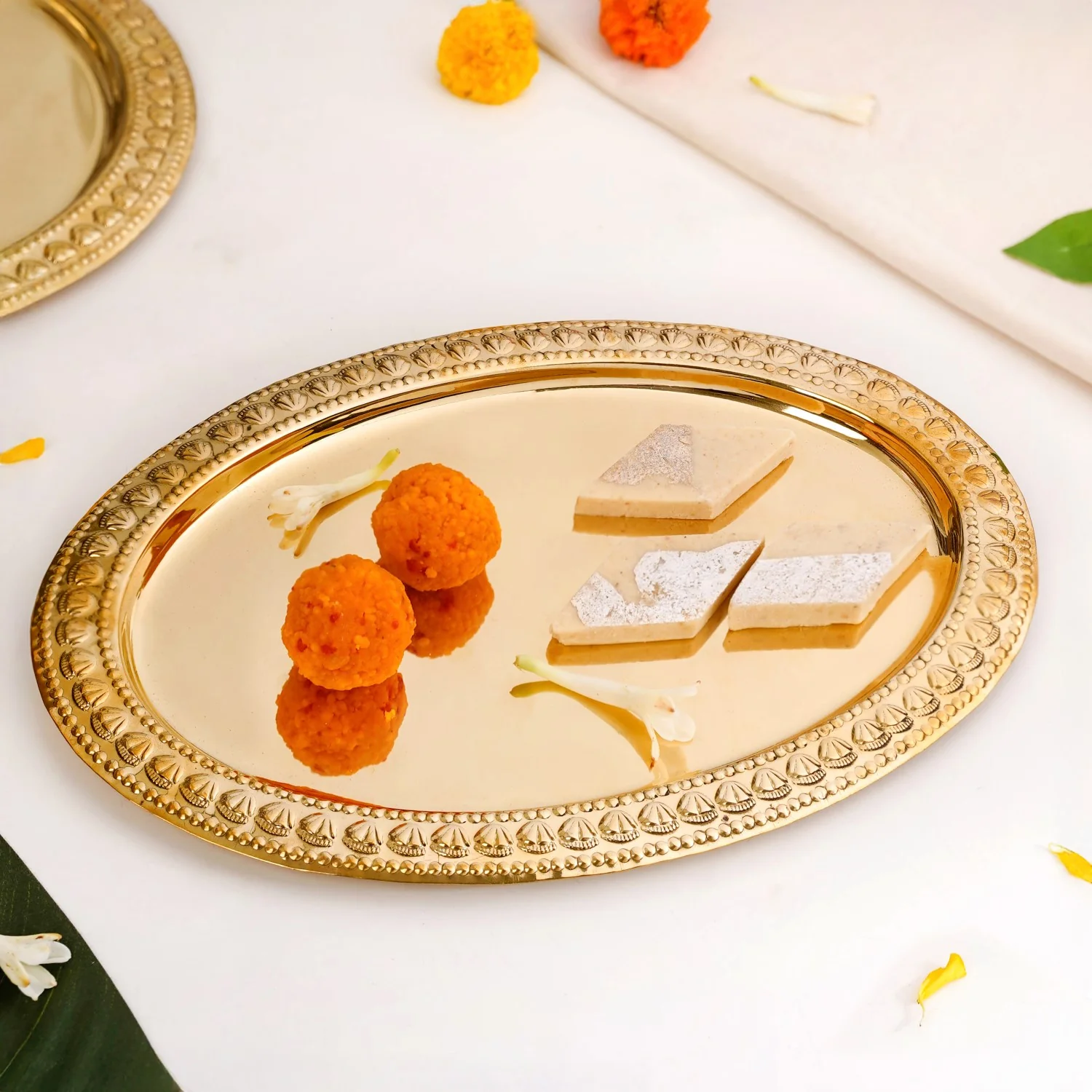 Veda Pure Brass Oval Tray With Embossed Detailing 32x22cm - Image 8