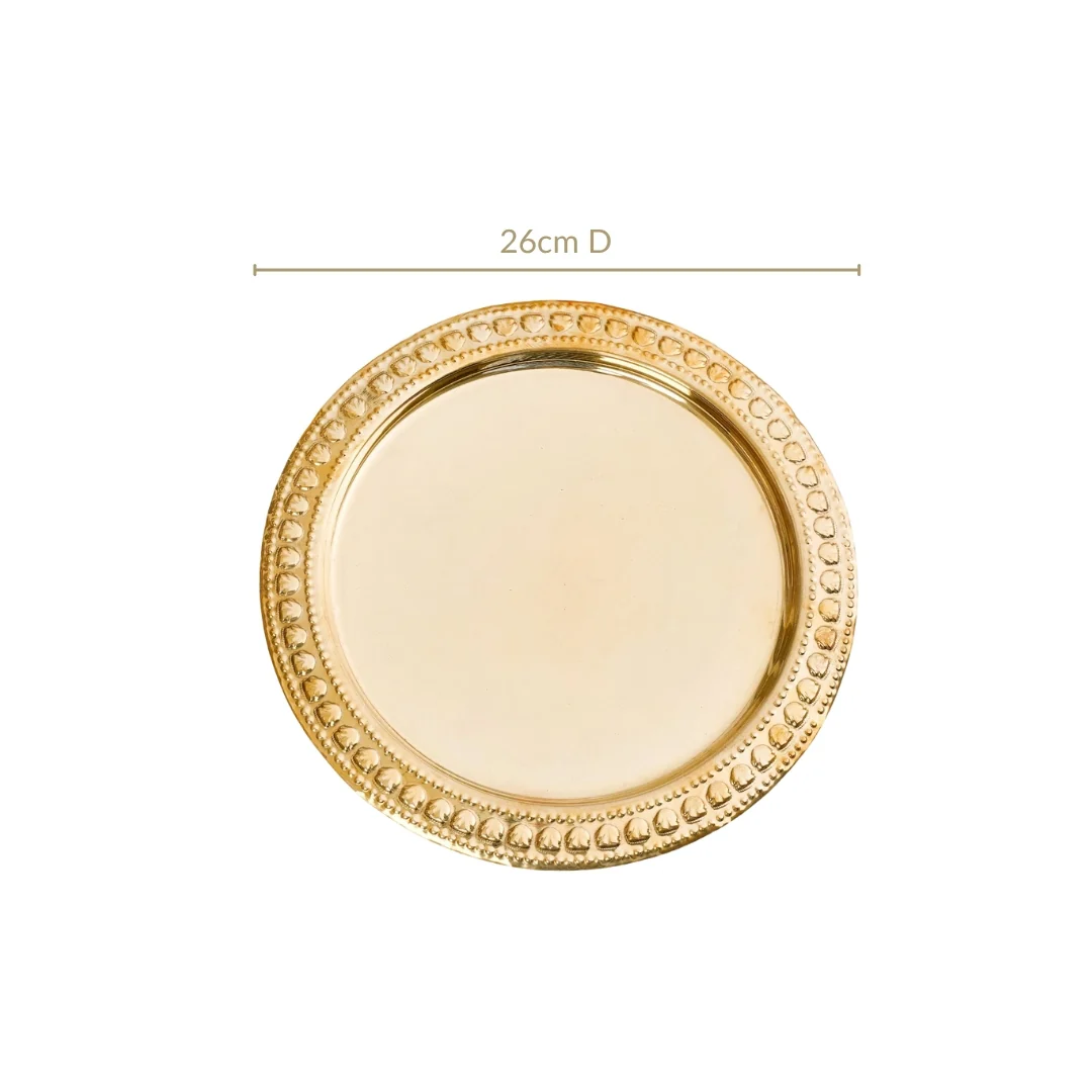 Veda Pure Brass Round Tray With Embossed Design 26cm - Image 3