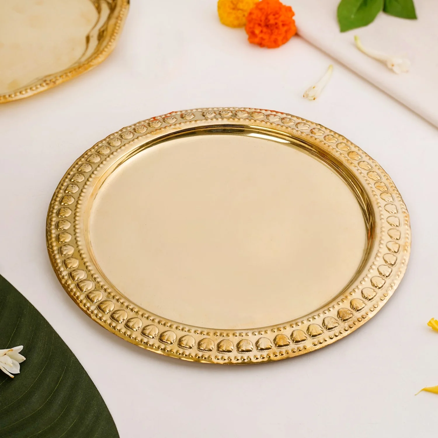 Veda Pure Brass Round Tray With Embossed Design 26cm - Image 7