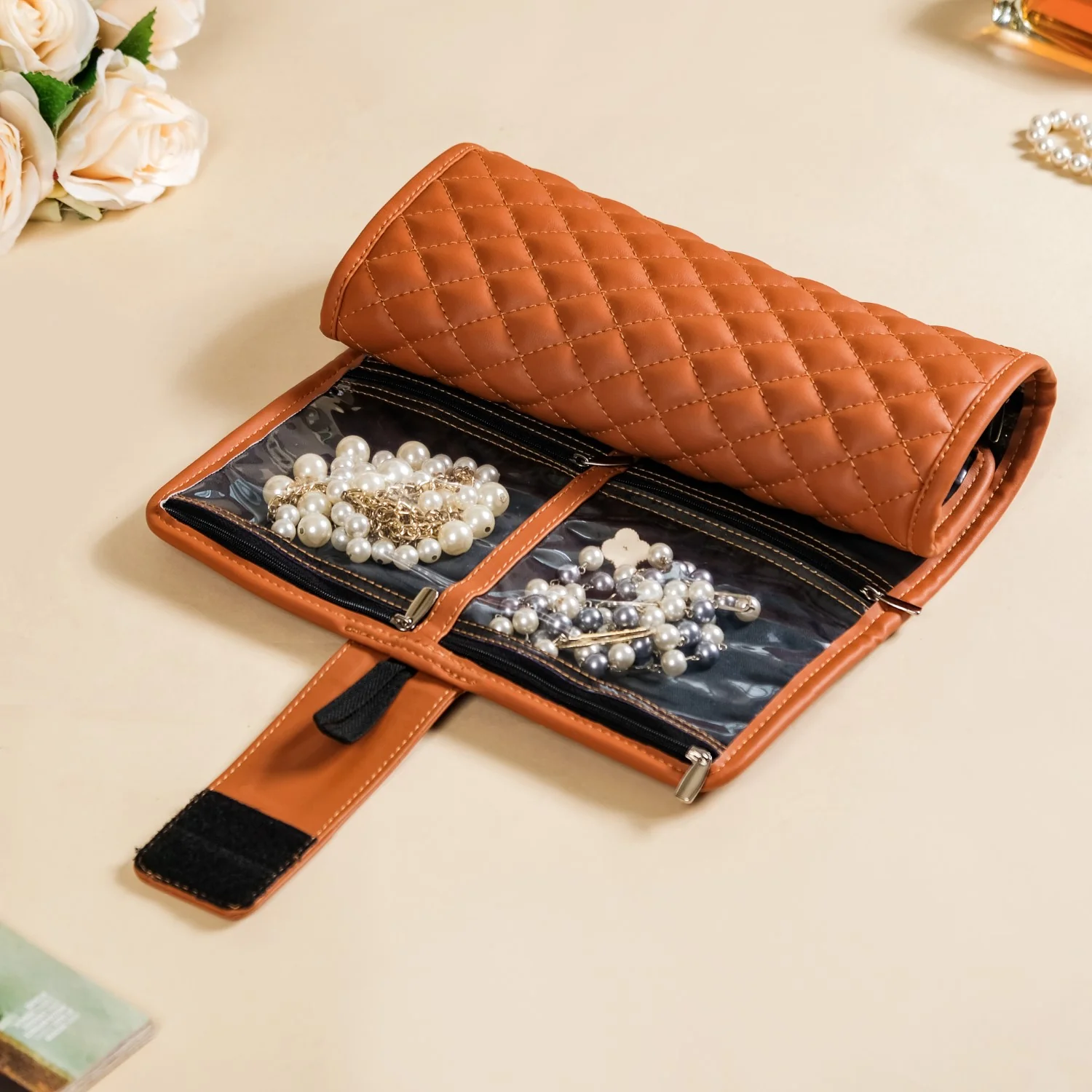 Vegan Leather Foldable Jewellery Organiser Tan - Image 12