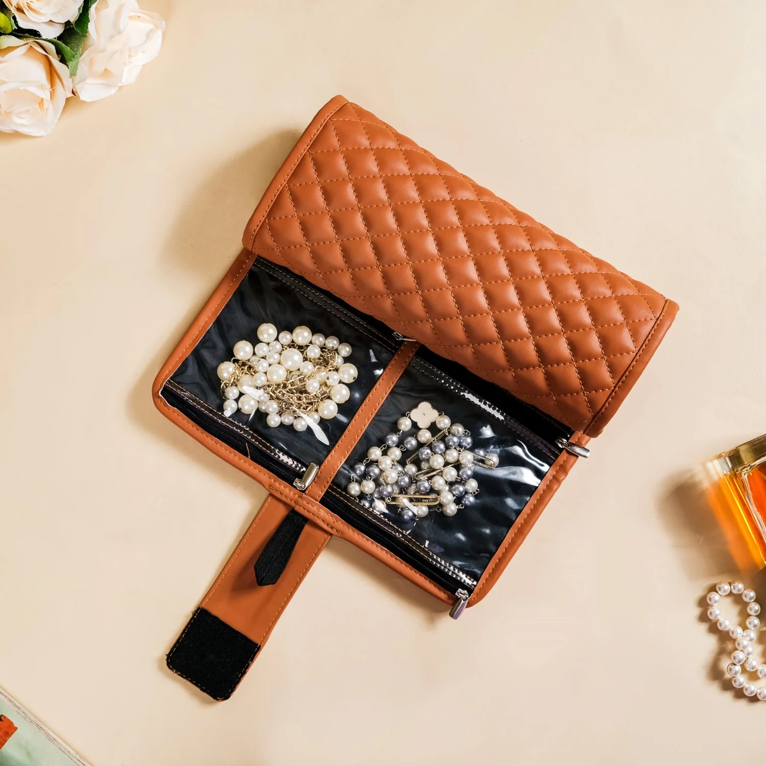 Vegan Leather Foldable Jewellery Organiser Tan - Image 2