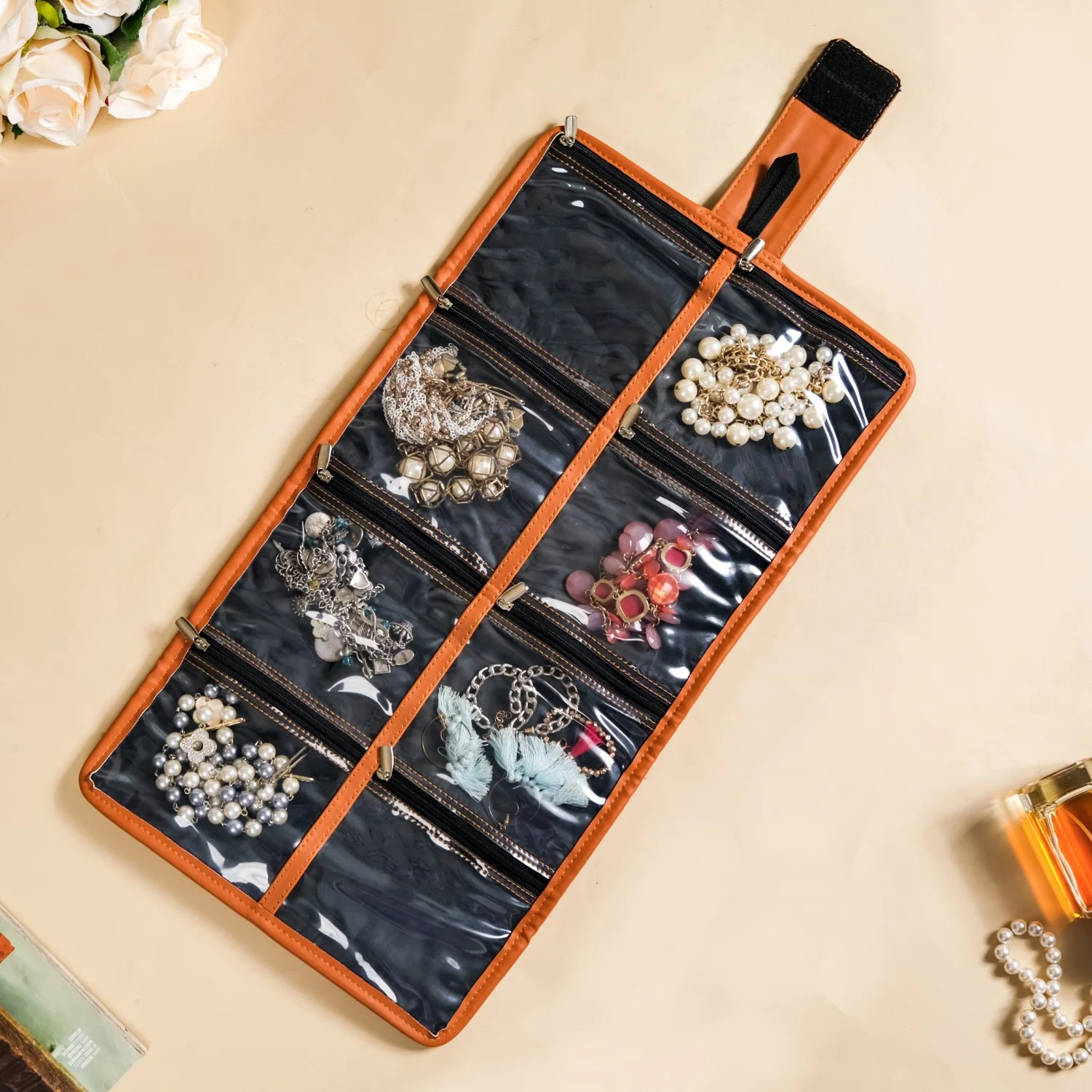 Vegan Leather Foldable Jewellery Organiser Tan - Image 3