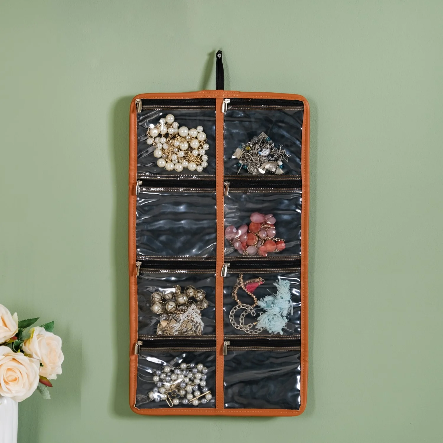 Vegan Leather Foldable Jewellery Organiser Tan - Image 4