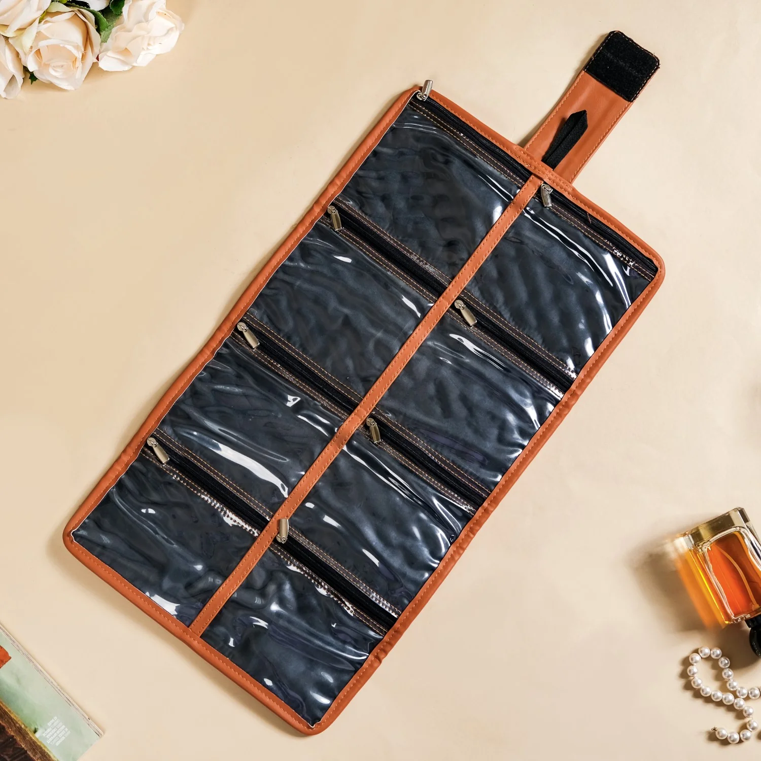 Vegan Leather Foldable Jewellery Organiser Tan - Image 8