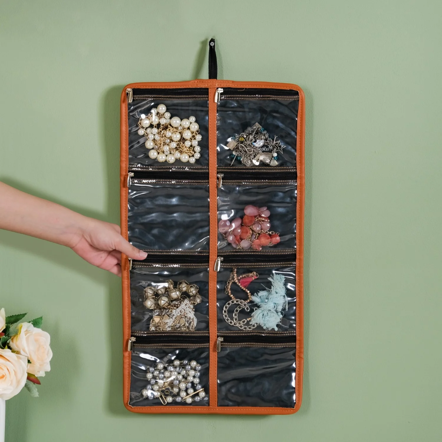 Vegan Leather Foldable Jewellery Organiser Tan - Image 9