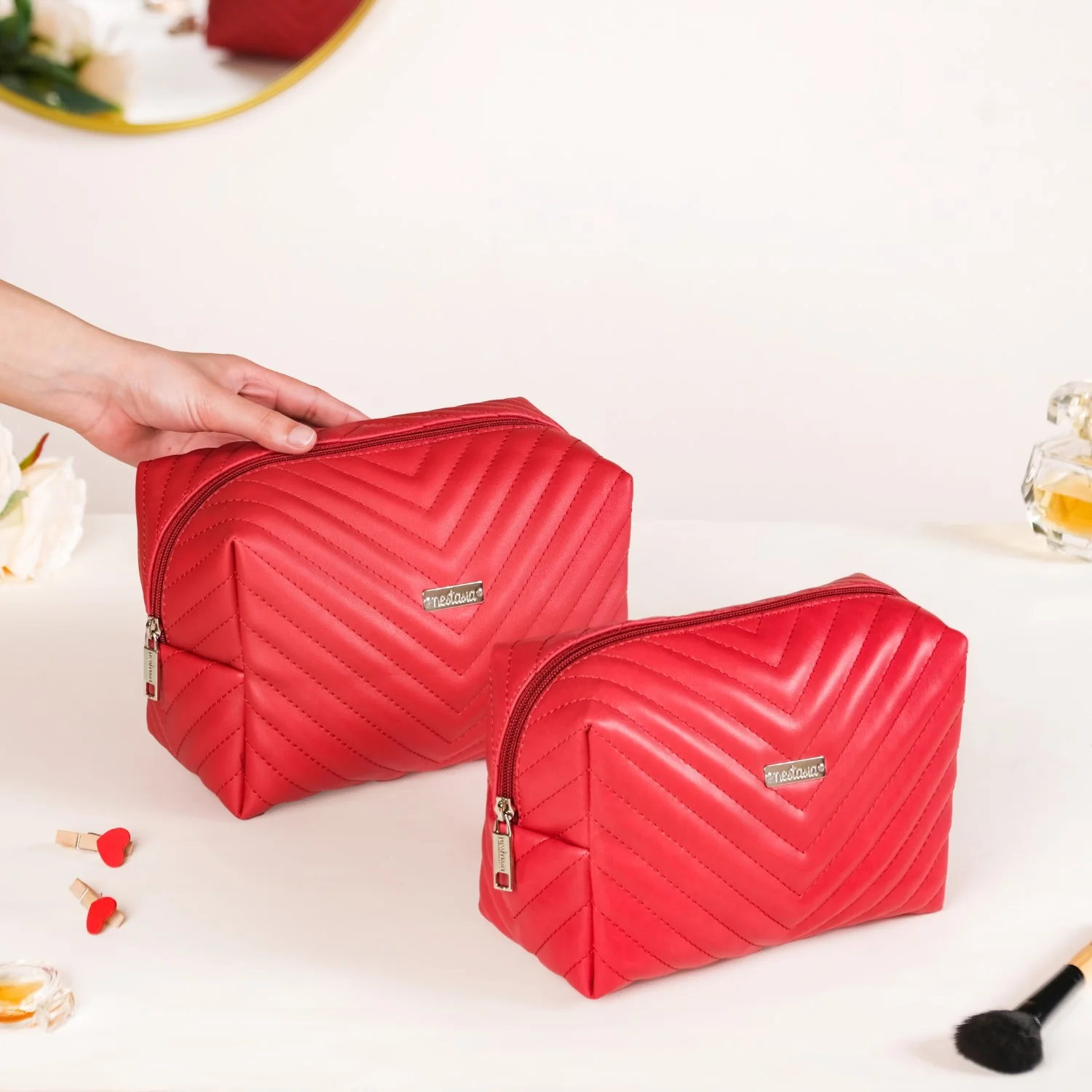 Vegan Leather Makeup Pouch Set Of 2 For Women Red - Image 2