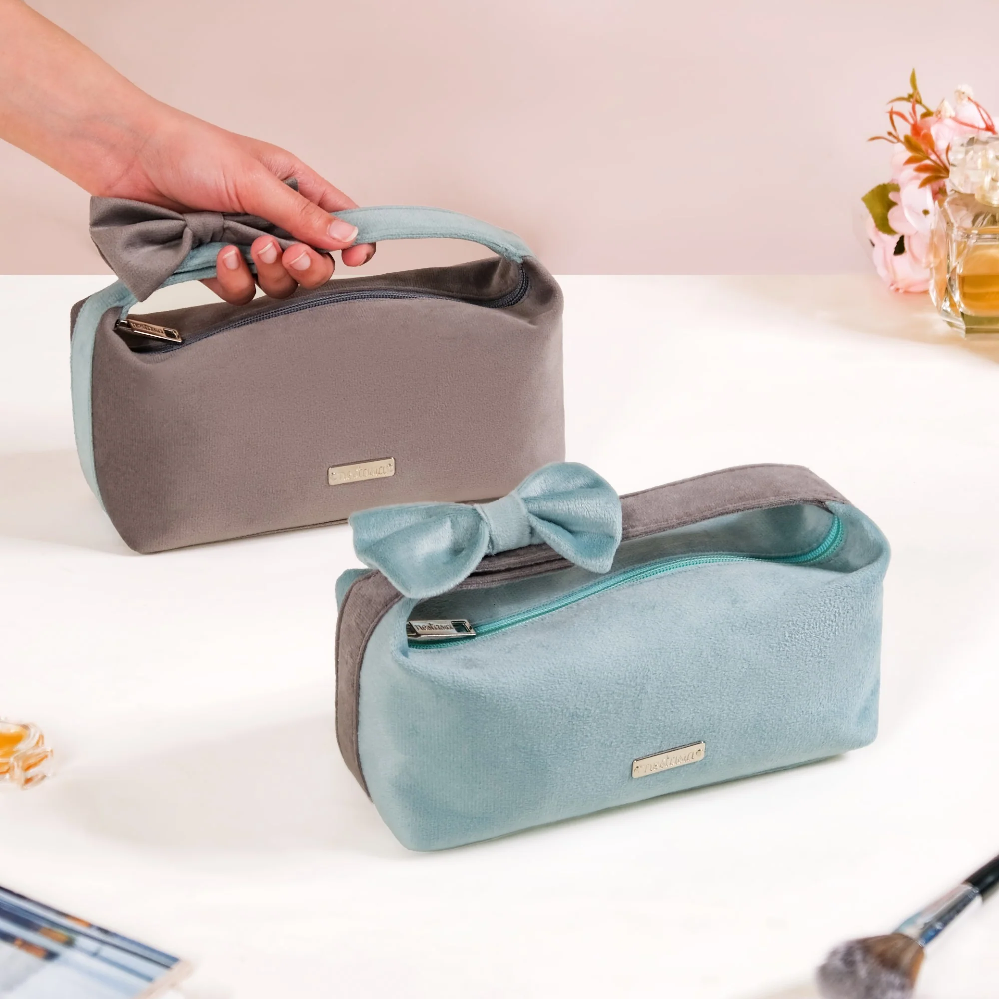 Velvet Makeup Pouch with Bow Set Of 2 - Image 2
