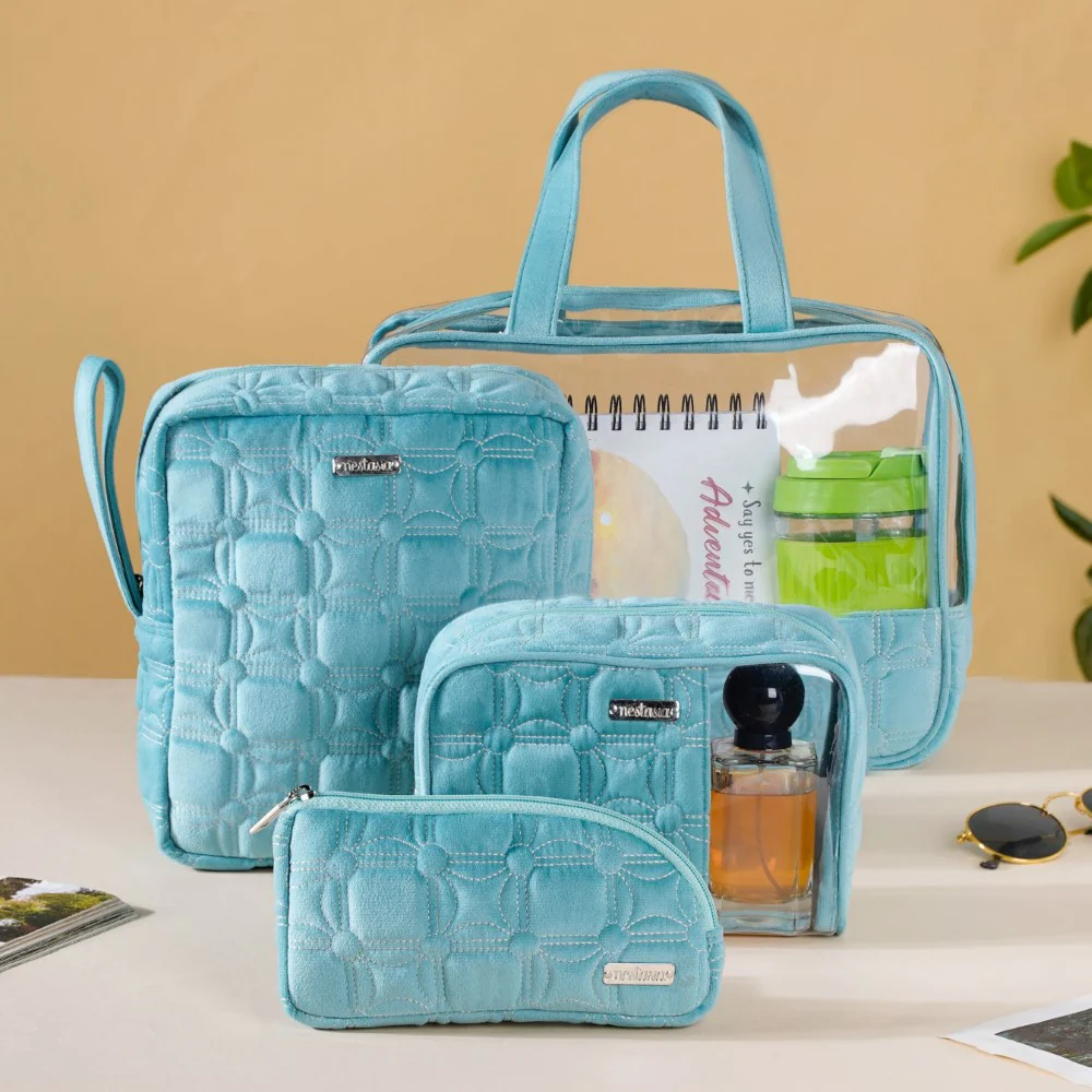 Velvet Travel Pouch Set of 4 Blue - Image 7