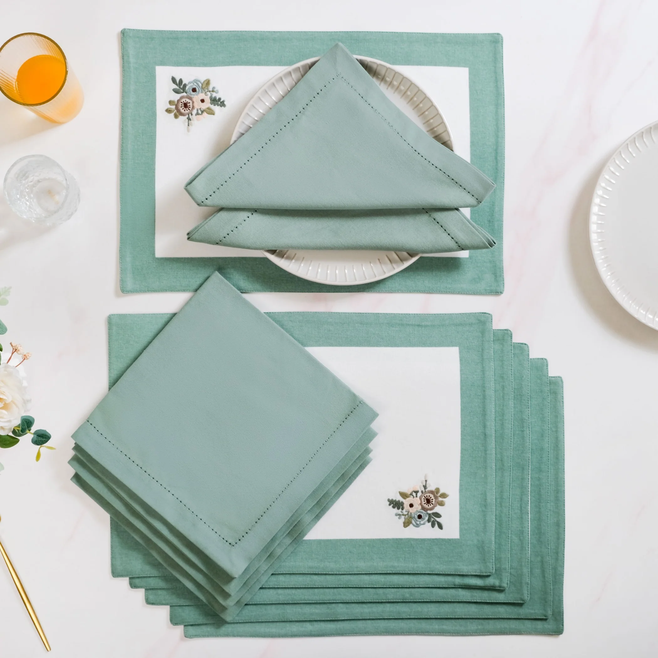 Ventosa Cotton Table Mat And Napkin Set Of 12 In Teal - Image 10
