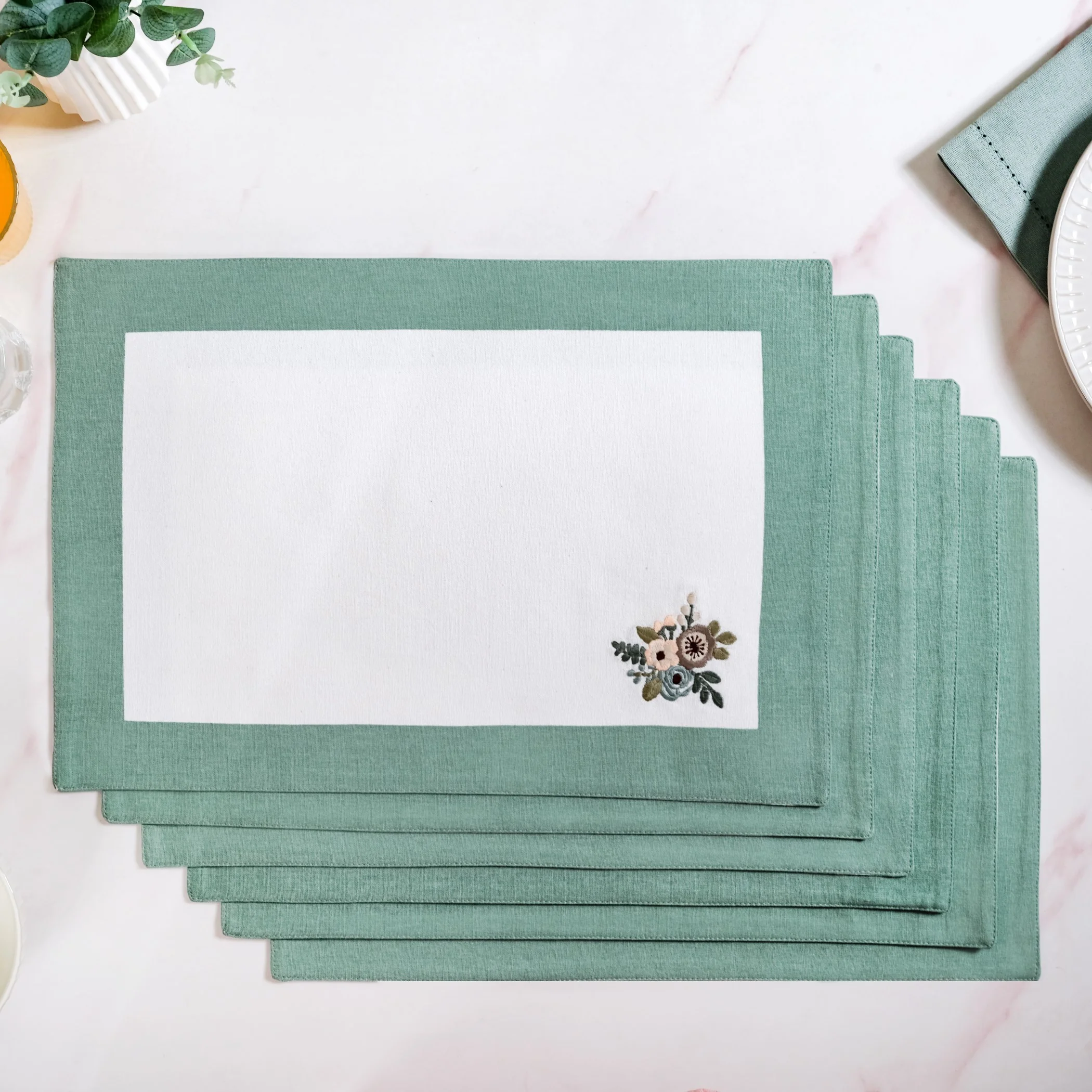 Ventosa Floral Embroidered Table Placemat Set Of 6 In Teal - Image 8