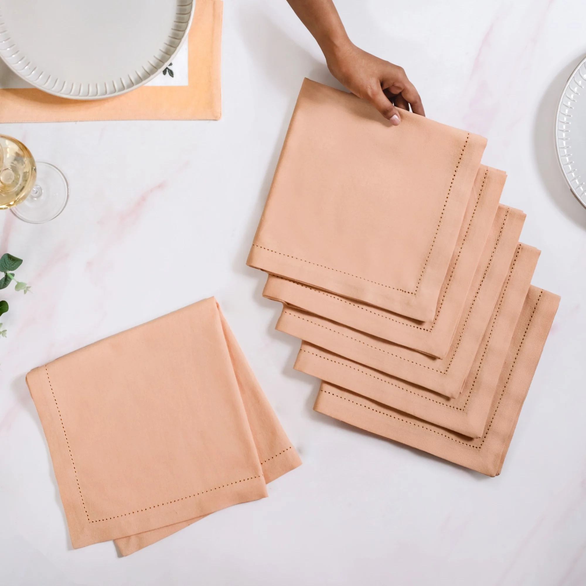 Ventosa Premium Cotton Hemstitched Dinner Napkins Set Of 6 In Peach - Image 2