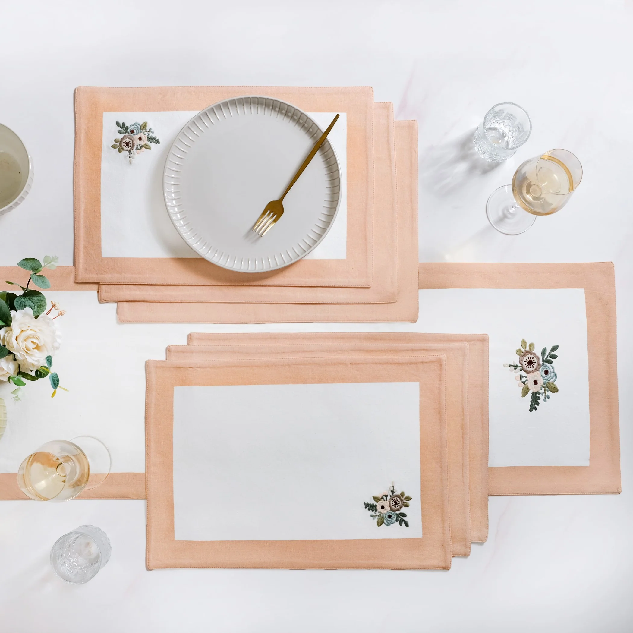 Ventosa Pure Cotton Table Runner And Placemat Set Of 7 In Peach - Image 2