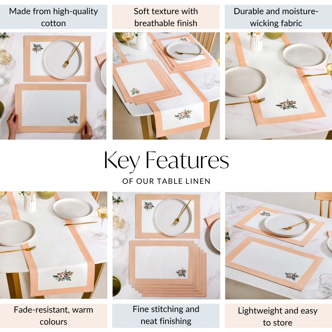 Ventosa Pure Cotton Table Runner And Placemat Set Of 7 In Peach - Image 4
