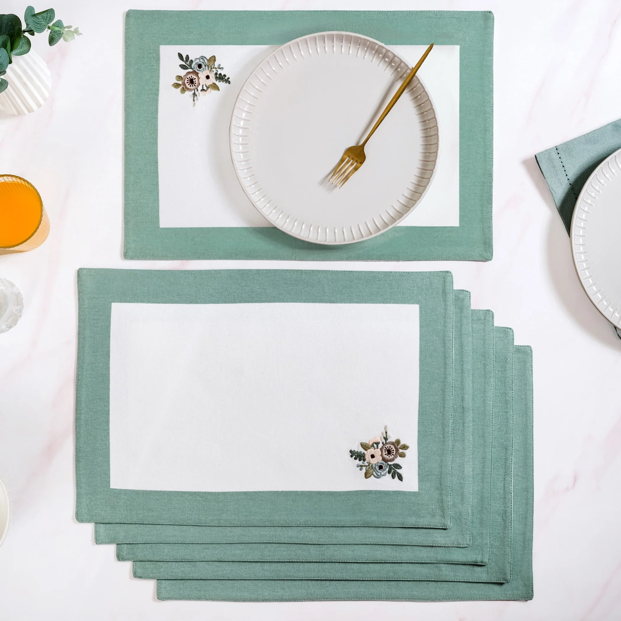 Ventosa Pure Cotton Table Runner And Placemat Set Of 7 In Teal - Image 6