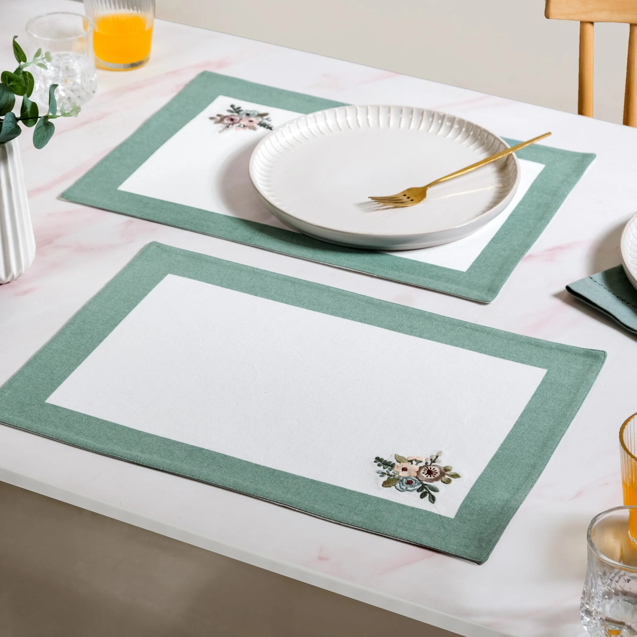 Ventosa Pure Cotton Table Runner And Placemat Set Of 7 In Teal - Image 7