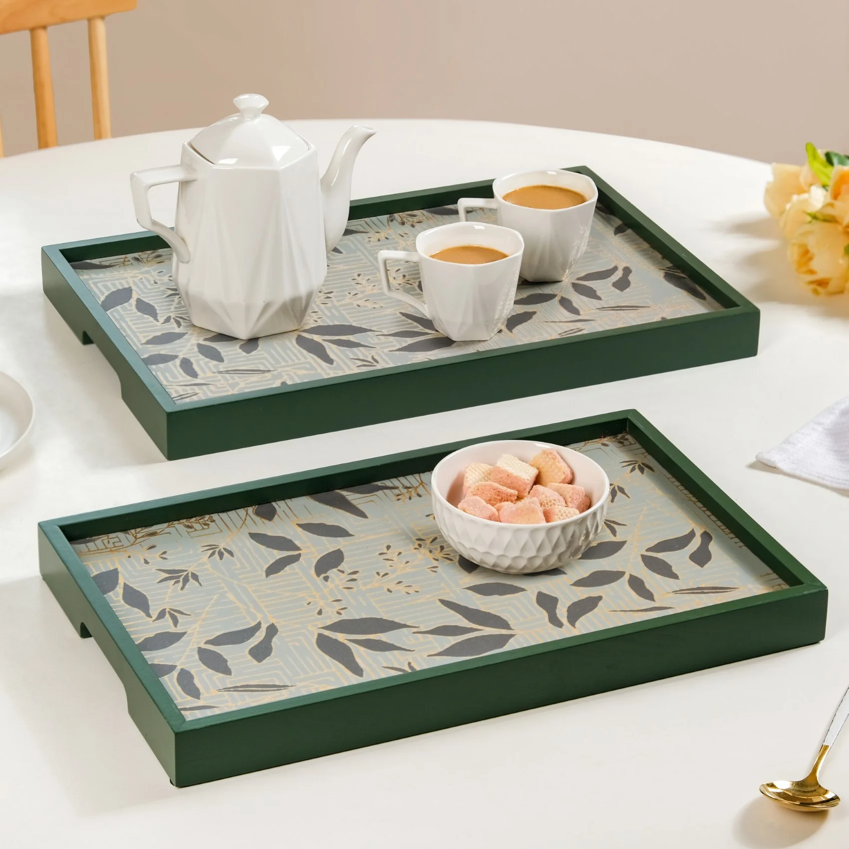 Verdantia Wooden Tea Tray Set Of 2 Green Matte Gold - Image 2
