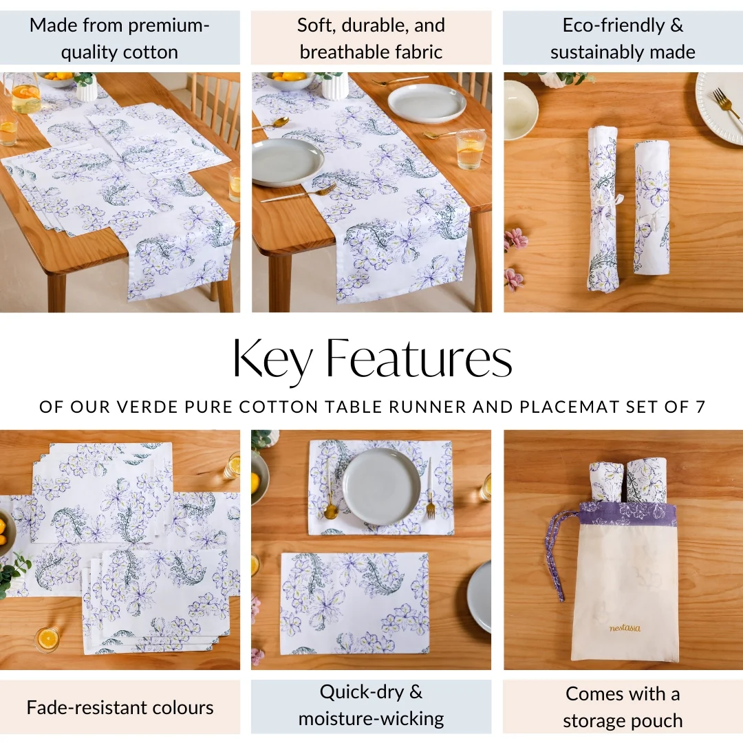 Verde Pure Cotton Table Runner And Placemat Set Of 7 - Image 5