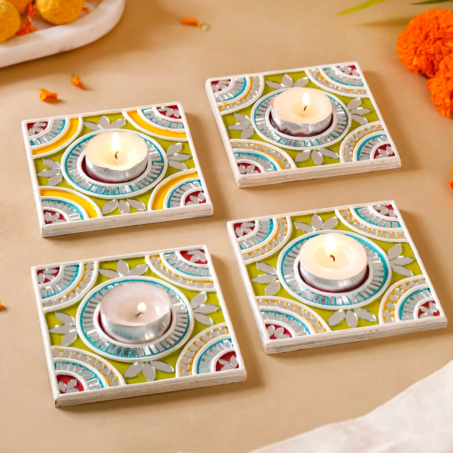 Vibrant Tealight Candle Holder With Mirror Work Lippan Art Set Of 4 - Image 2