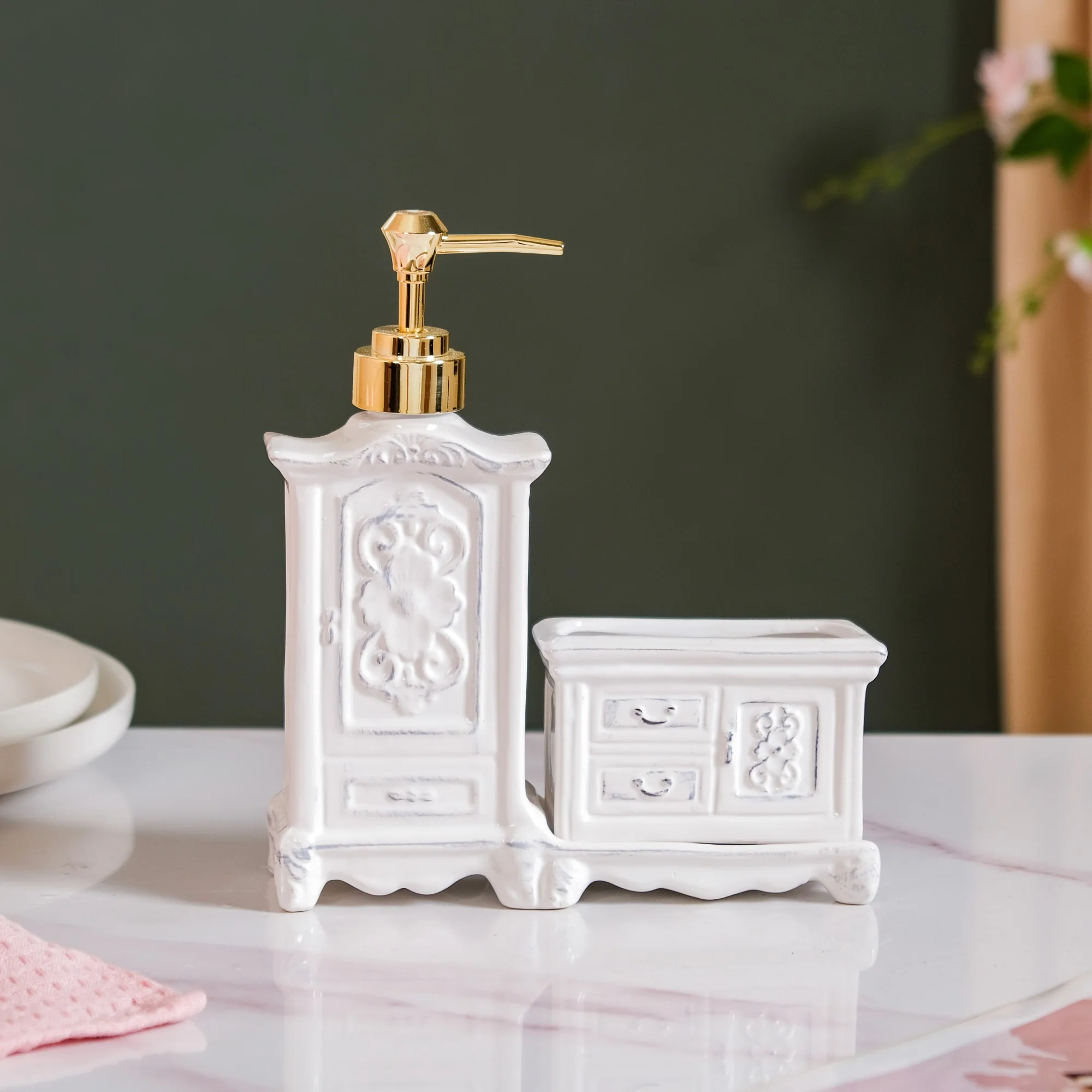 Vintage Cabinet Shaped Ceramic Soap Dispenser White