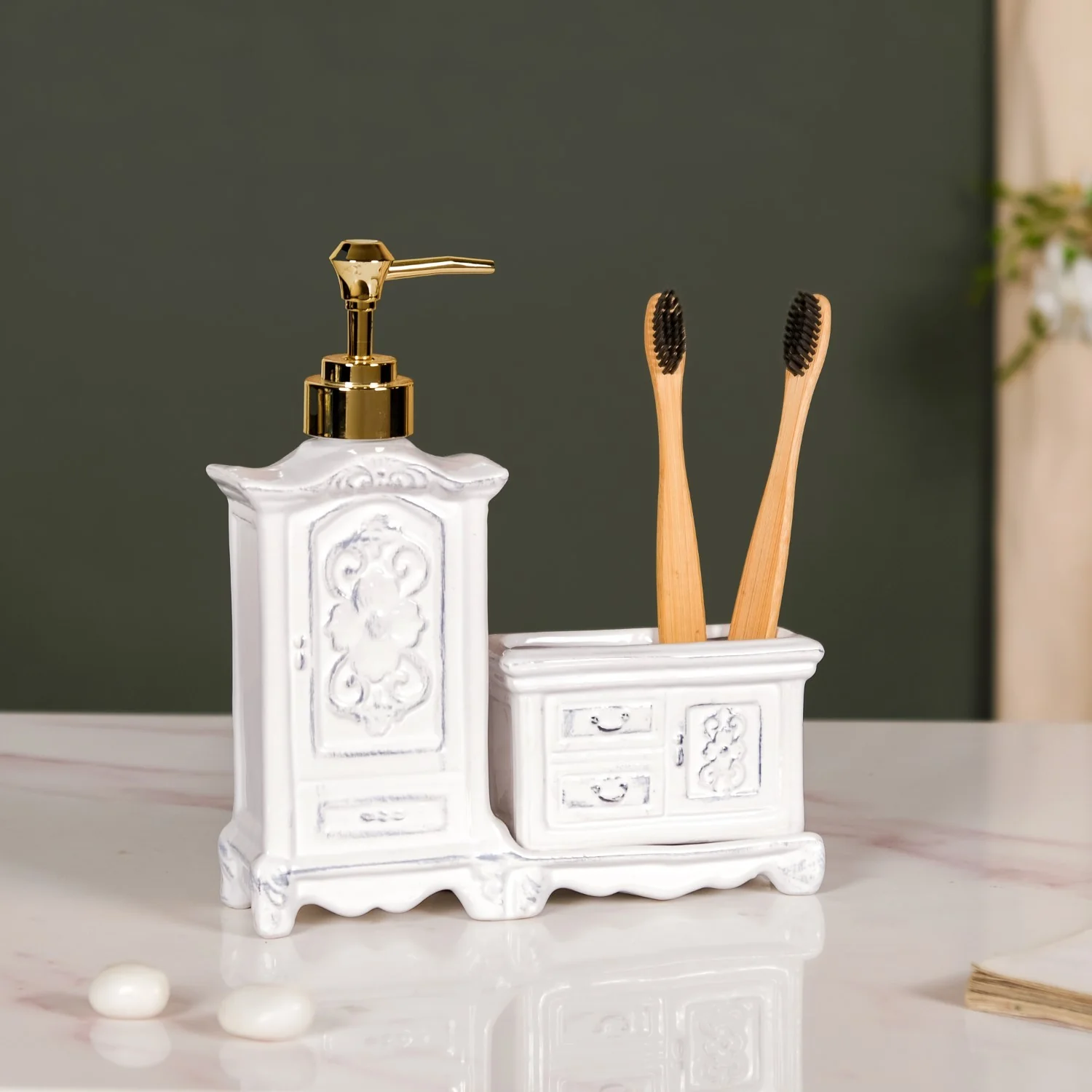 Vintage Cabinet Shaped Ceramic Soap Dispenser White - Image 3
