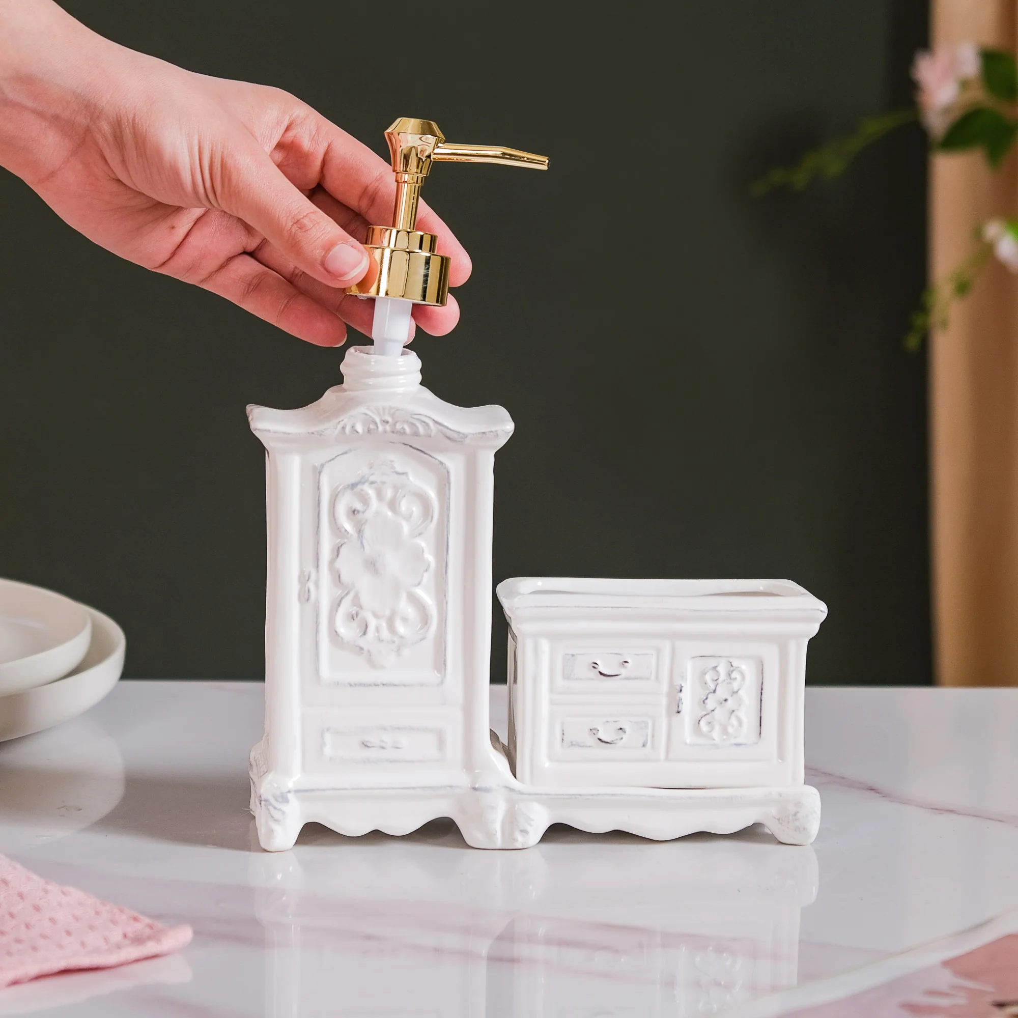 Vintage Cabinet Shaped Ceramic Soap Dispenser White - Image 4