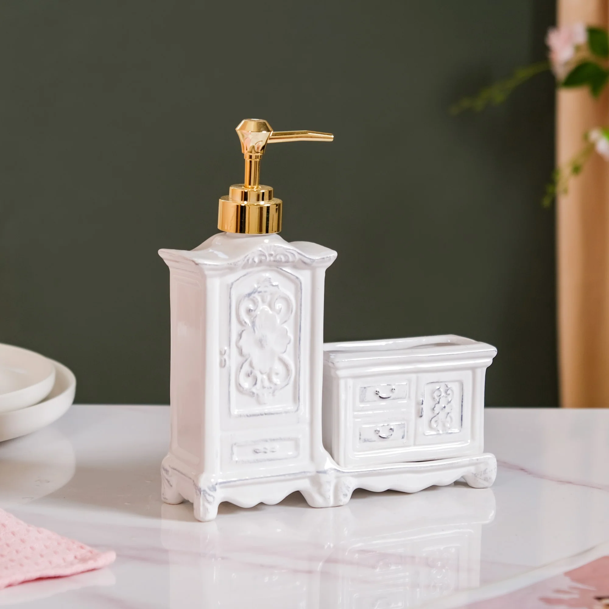 Vintage Cabinet Shaped Ceramic Soap Dispenser White - Image 6