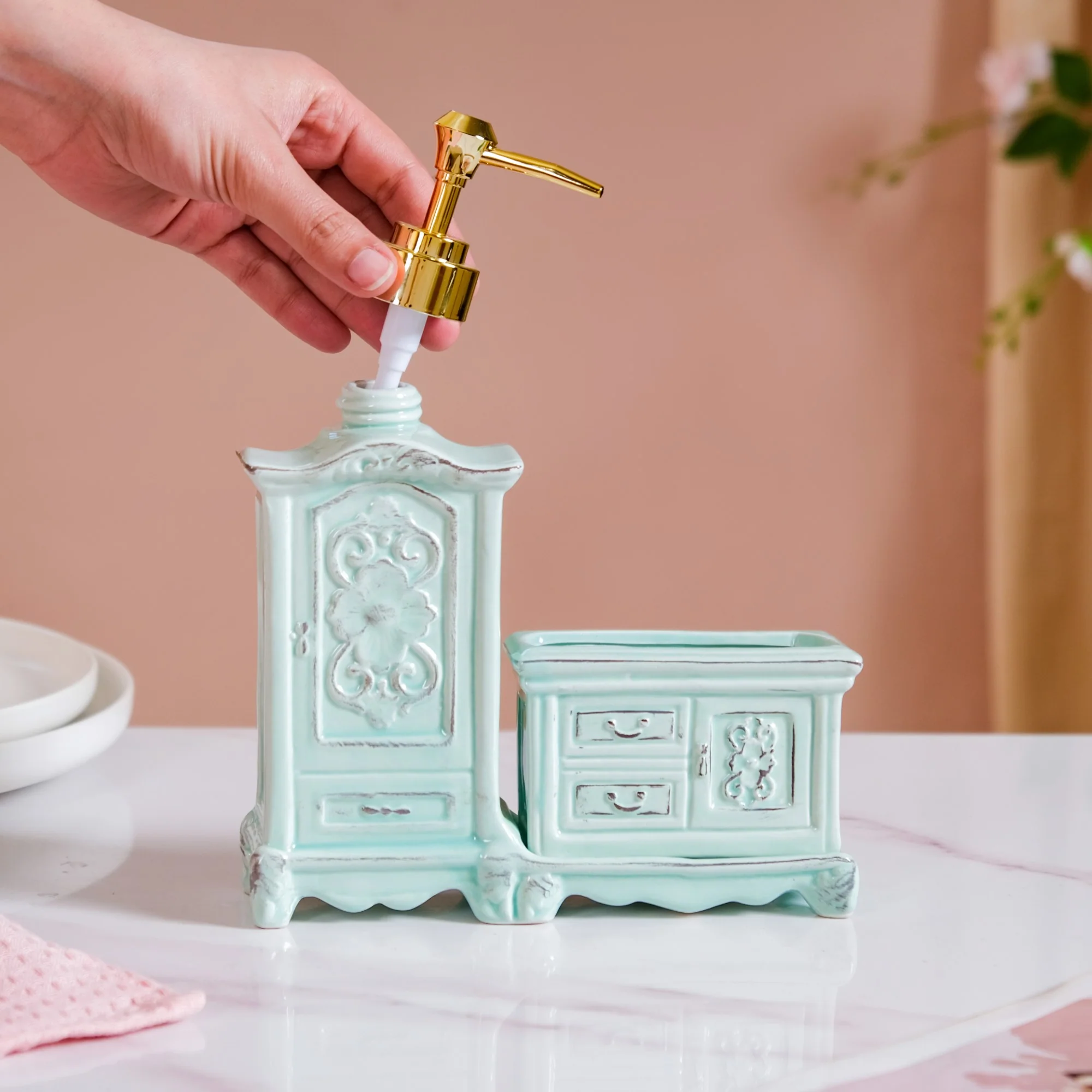 Vintage Ceramic Soap Dispenser Pastel Green - Image 4