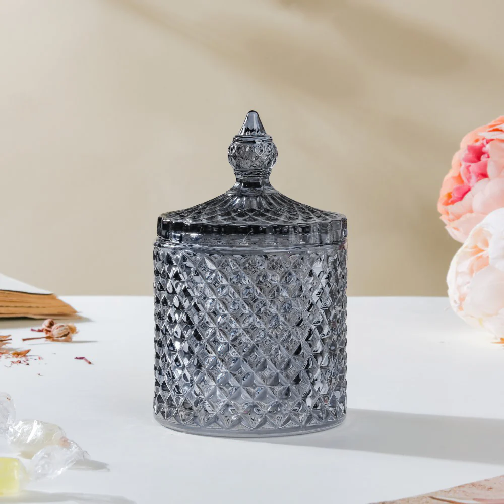 Vintage Diamond Glass Jar With Lid Grey 250ml - Image 5