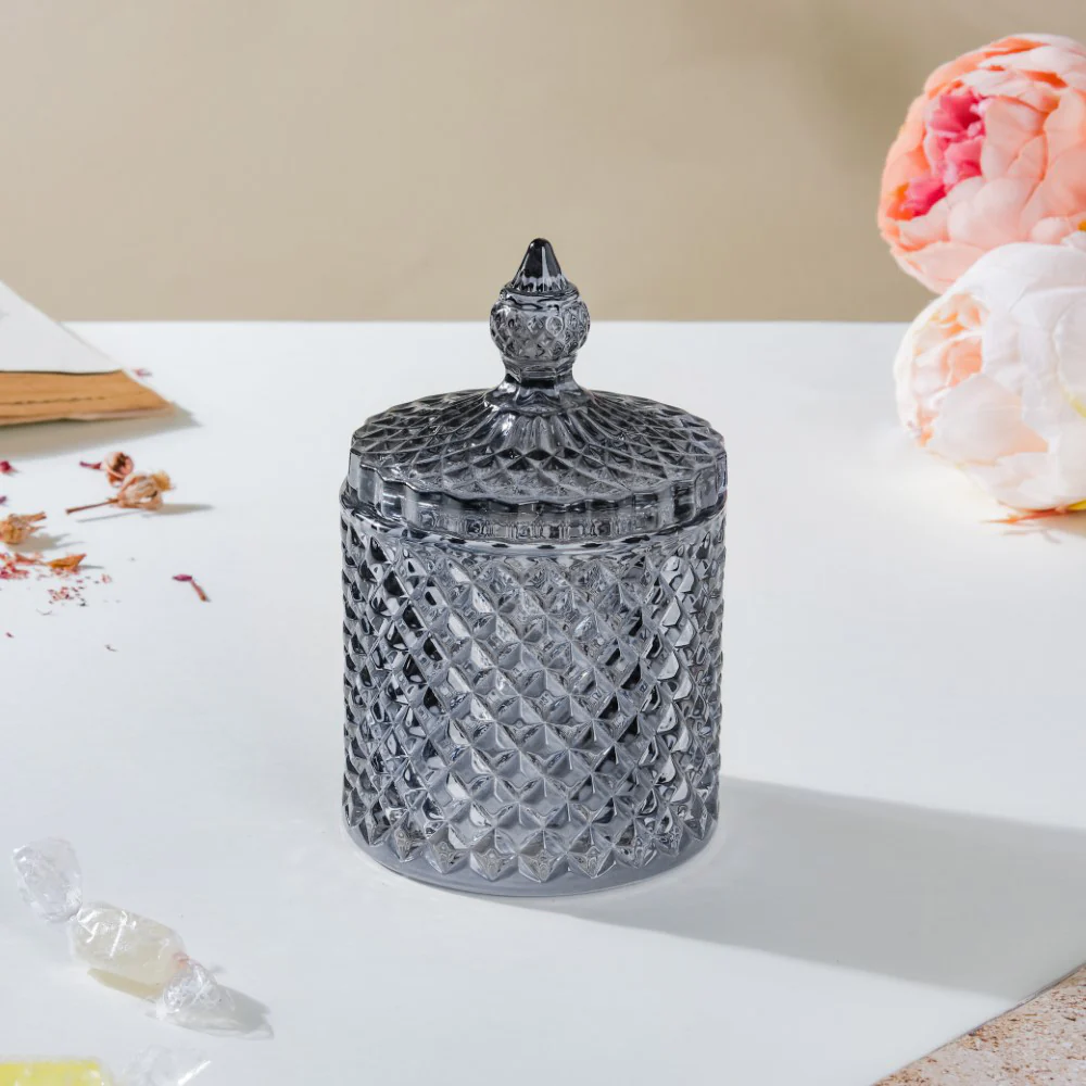 Vintage Diamond Glass Jar With Lid Grey 250ml - Image 6