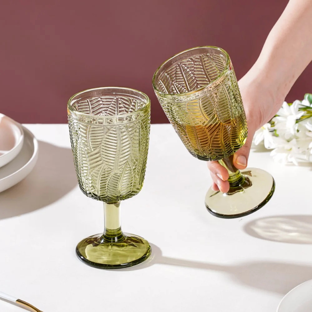 Vintage Engraved Wine Glass Green Set of 6 300 ml - Image 2
