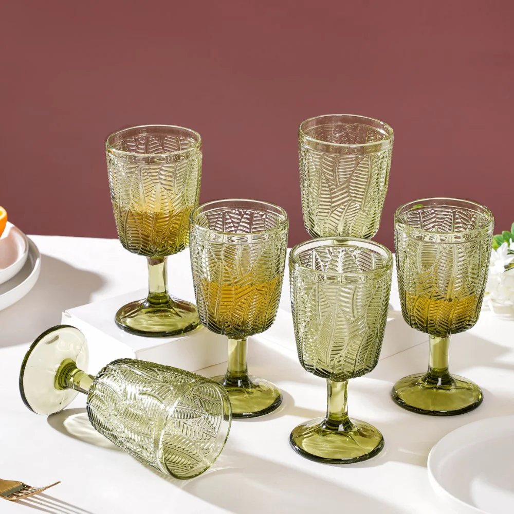 Vintage Engraved Wine Glass Green Set of 6 300 ml - Image 3